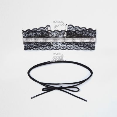 Black lace row choker necklace set